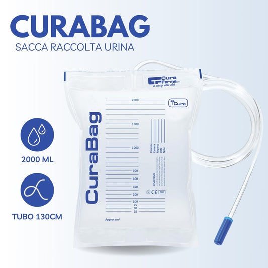 CURA FARMA Curabag - Sacche per Urina da 2 Litri no rubinetto - Valvola Antireflusso, 30 Pezzi - Sacchetti per Drenaggio Urinario e Cateteri con Tubo 130cm, in PVC Prive di Lattice – usa e getta