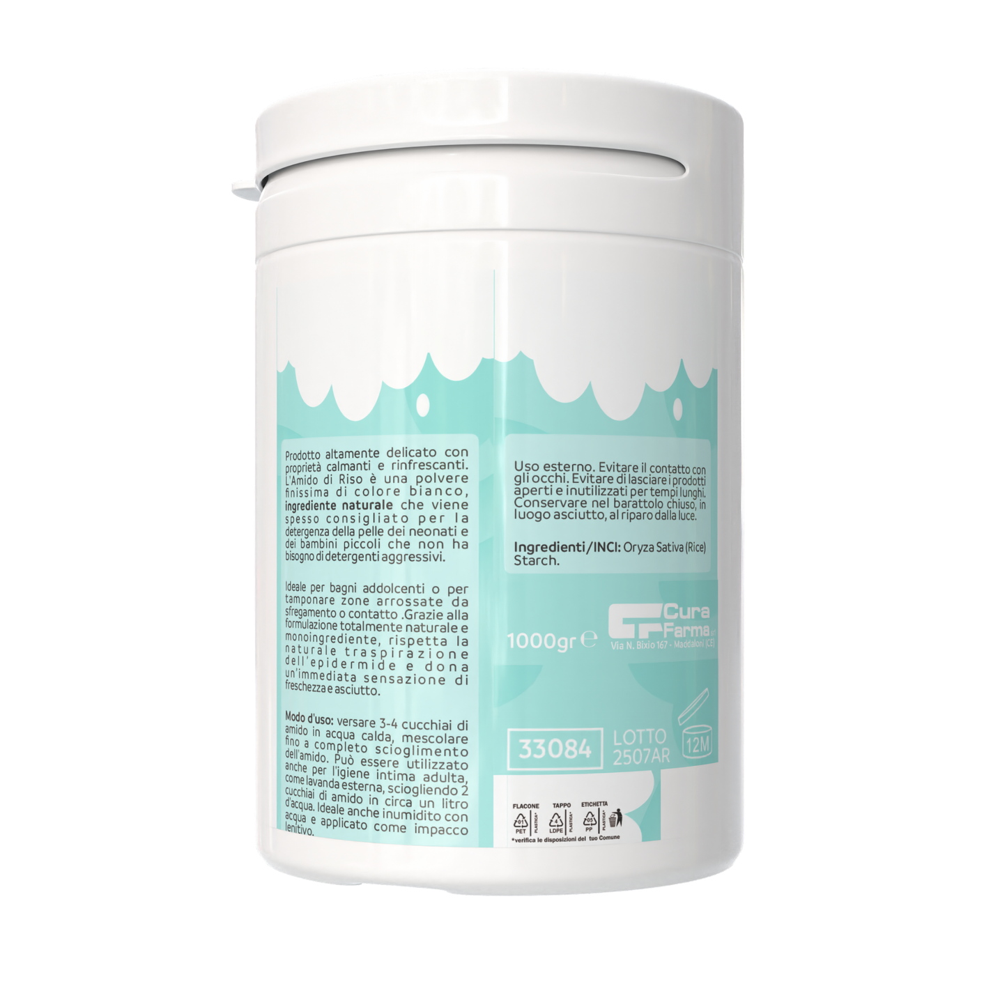 Amido di Riso Puro Italiano per Bagno, Lenitivo e Rinfrescante, 1 kg