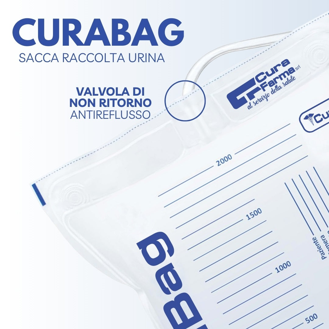 CURA FARMA Curabag - Sacche per Urina da 2 Litri no rubinetto - Valvola Antireflusso, 30 Pezzi - Sacchetti per Drenaggio Urinario e Cateteri con Tubo 130cm, in PVC Prive di Lattice – usa e getta