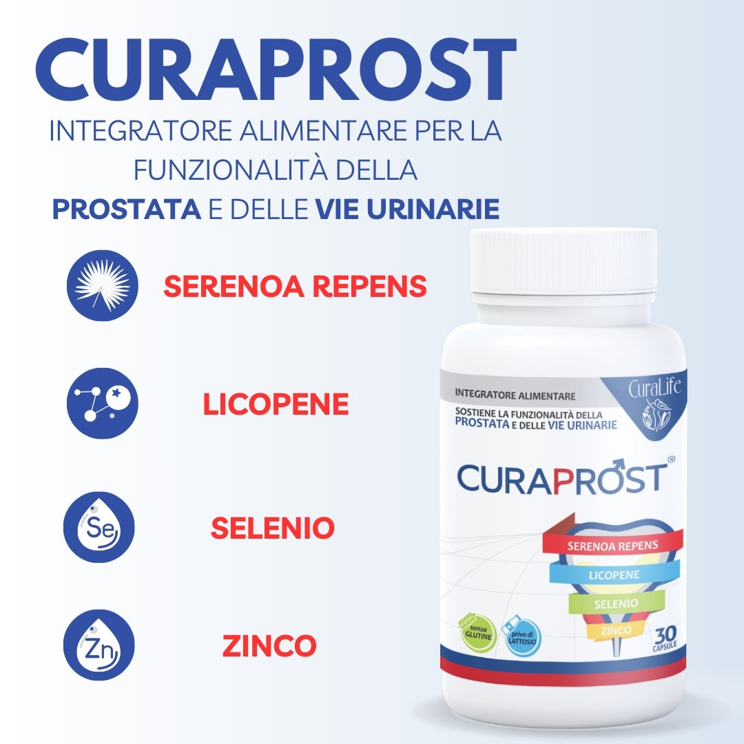 Integratore Uomo Alimentare CURA LIFE Senza Glutine in 30 Capsule a base di Serenoa Repens, Licopene, Zinco, e Selenio favorisce la Funzionalità della Prostata e delle vie Urinarie