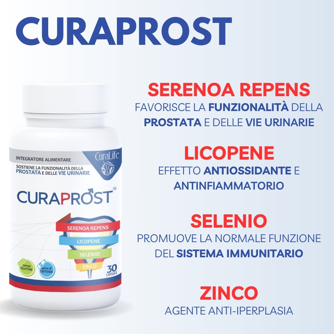 Integratore Uomo Alimentare CURA LIFE Senza Glutine in 30 Capsule a base di Serenoa Repens, Licopene, Zinco, e Selenio favorisce la Funzionalità della Prostata e delle vie Urinarie