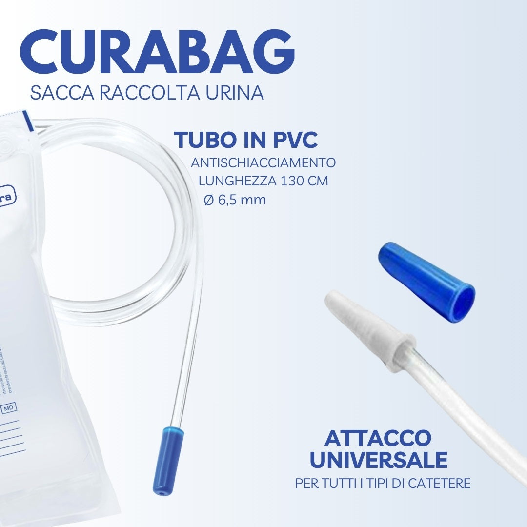 CURA FARMA Curabag - Sacche per Urina da 2 Litri no rubinetto - Valvola Antireflusso, 30 Pezzi - Sacchetti per Drenaggio Urinario e Cateteri con Tubo 130cm, in PVC Prive di Lattice – usa e getta