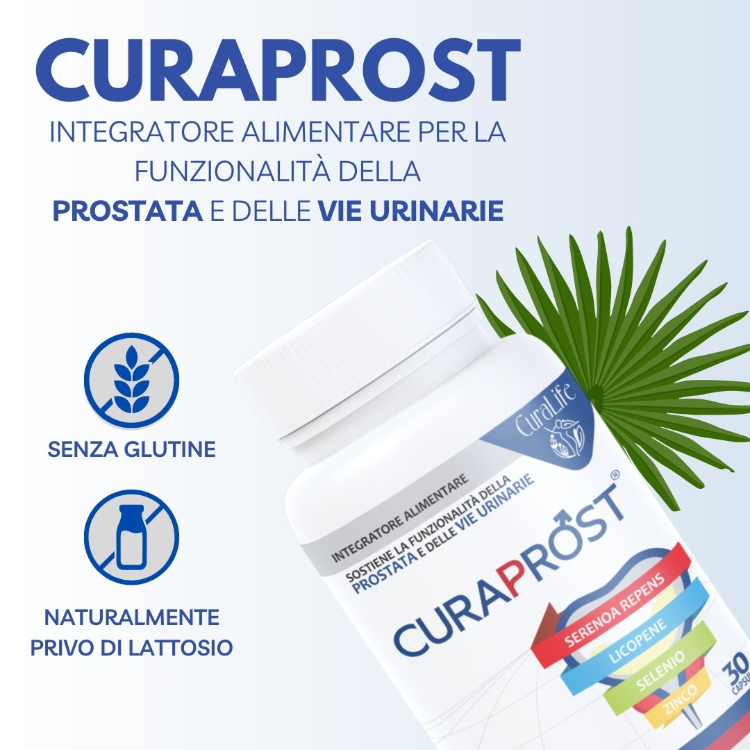 Integratore Uomo Alimentare CURA LIFE Senza Glutine in 30 Capsule a base di Serenoa Repens, Licopene, Zinco, e Selenio favorisce la Funzionalità della Prostata e delle vie Urinarie