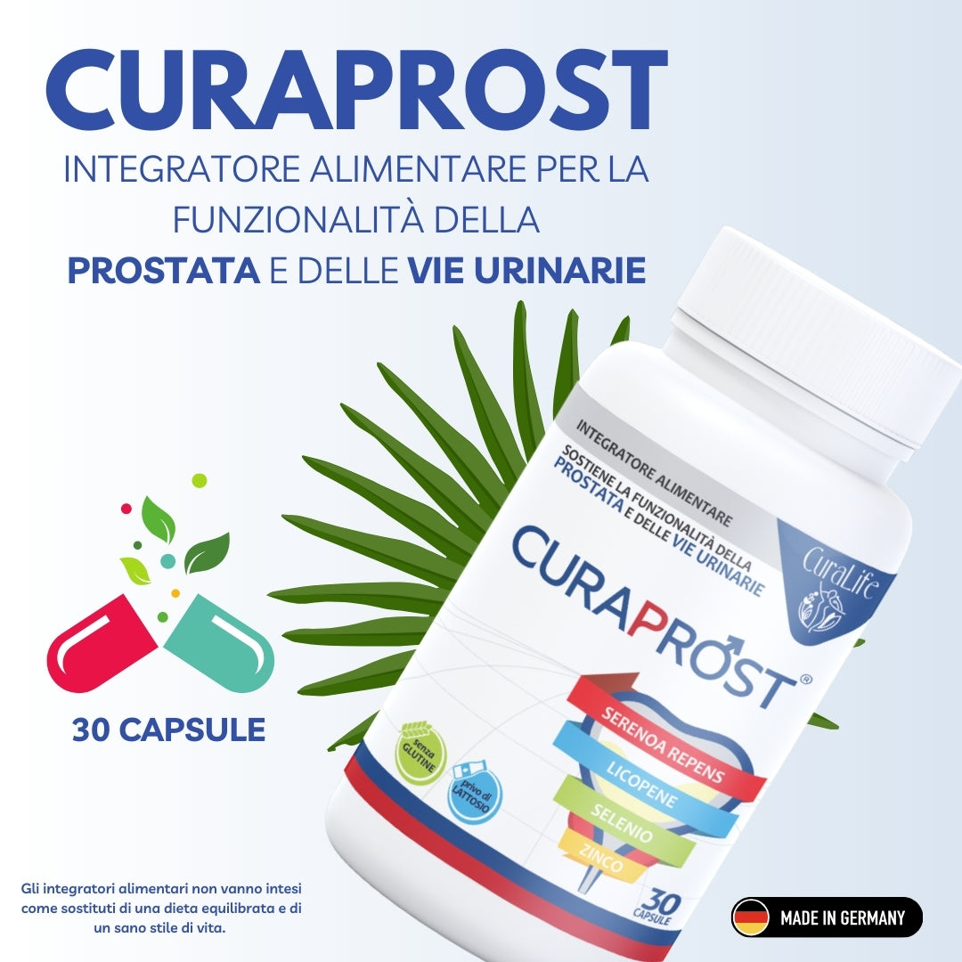 Integratore Uomo Alimentare CURA LIFE Senza Glutine in 30 Capsule a base di Serenoa Repens, Licopene, Zinco, e Selenio favorisce la Funzionalità della Prostata e delle vie Urinarie