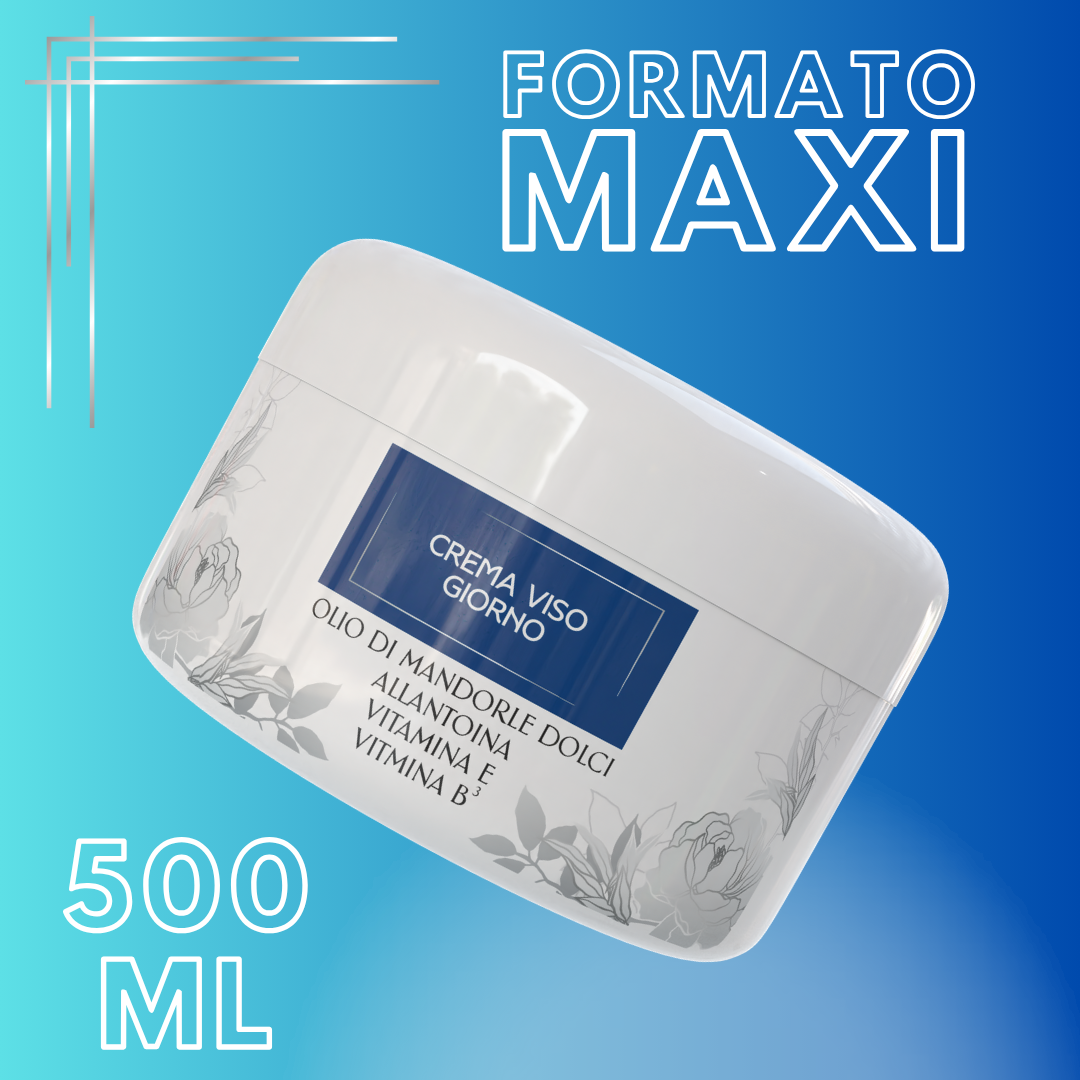 Crema Viso Idratante Giorno 500 ml con Acido Ialuronico, Vitamina E, Vitamina B3 e Olio di Mandorle Dolci – Crema Antirughe Effetto Lifting Naturale – Texture Leggera e Non Unge