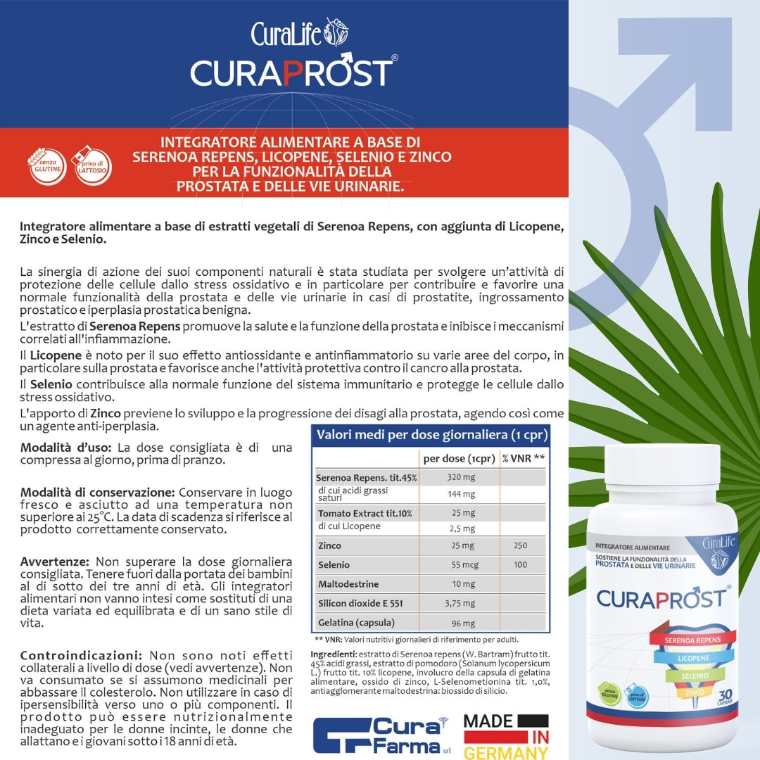 Integratore Uomo Alimentare CURA LIFE Senza Glutine in 30 Capsule a base di Serenoa Repens, Licopene, Zinco, e Selenio favorisce la Funzionalità della Prostata e delle vie Urinarie