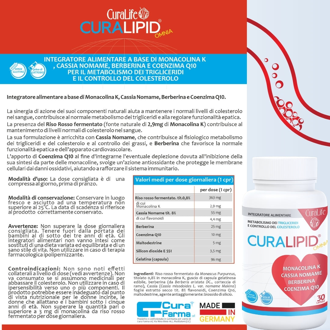 Curalipid Omnia 30 Cps Integratore Alimentare Di Monacolina K - Cassia Nomame - Berberina E Coenzima Q10 - Aiuta A Mantenere I Normali Livelli Di Colesterolo Nel Sangue