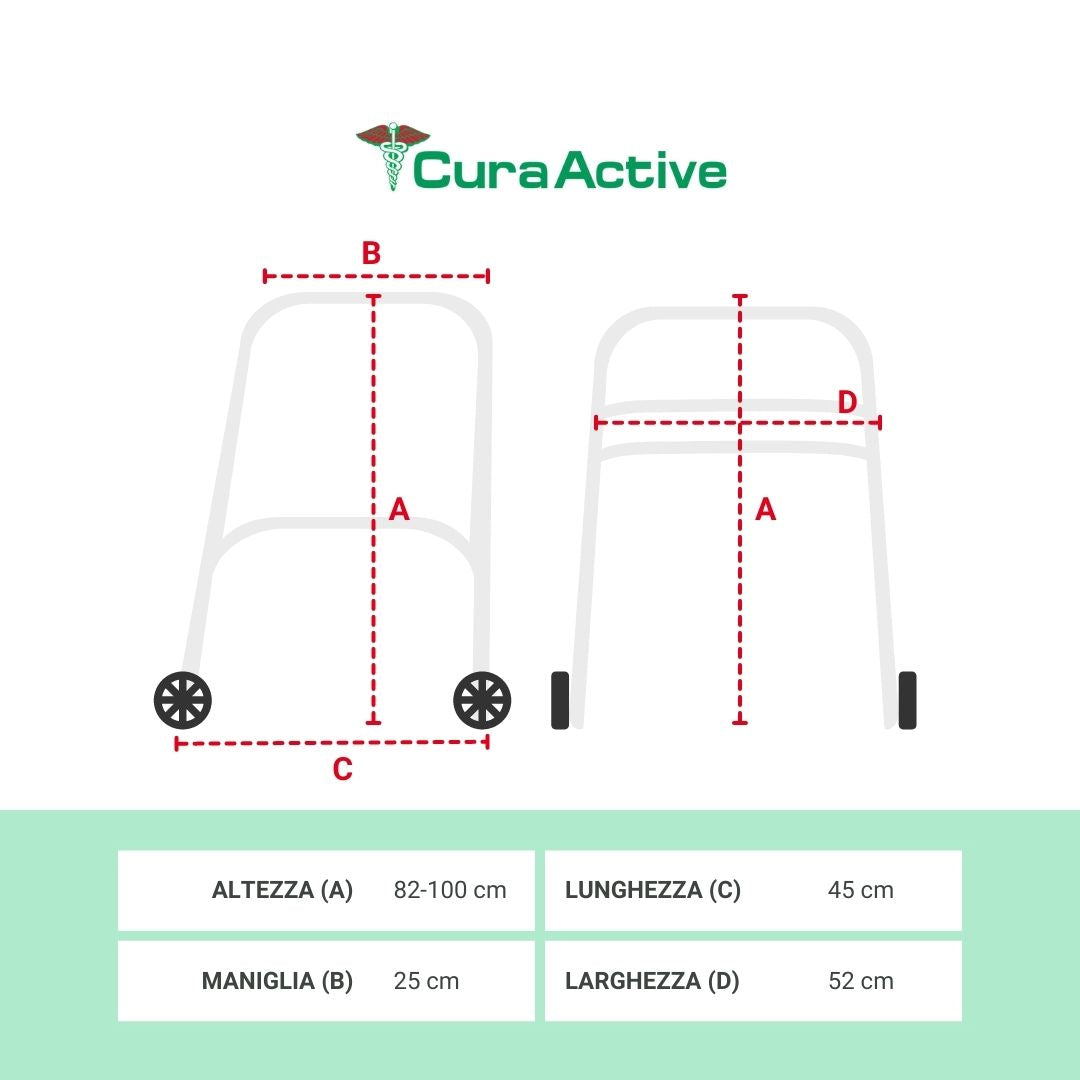 Deambulatore Pieghevole Cura Farma in Alluminio con 4 Ruote Piroettanti. Comfort con la Massima Mobilità.