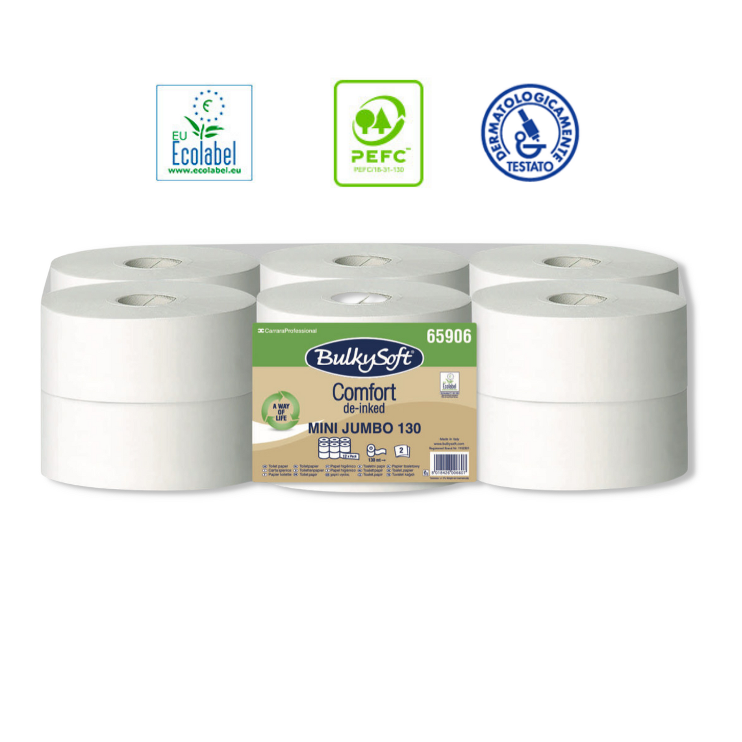 Carta Igienica Mini Jumbo Comfort 9 Rotoli Carta Doppio Velo De-Inchiostrata Bianca 130 m