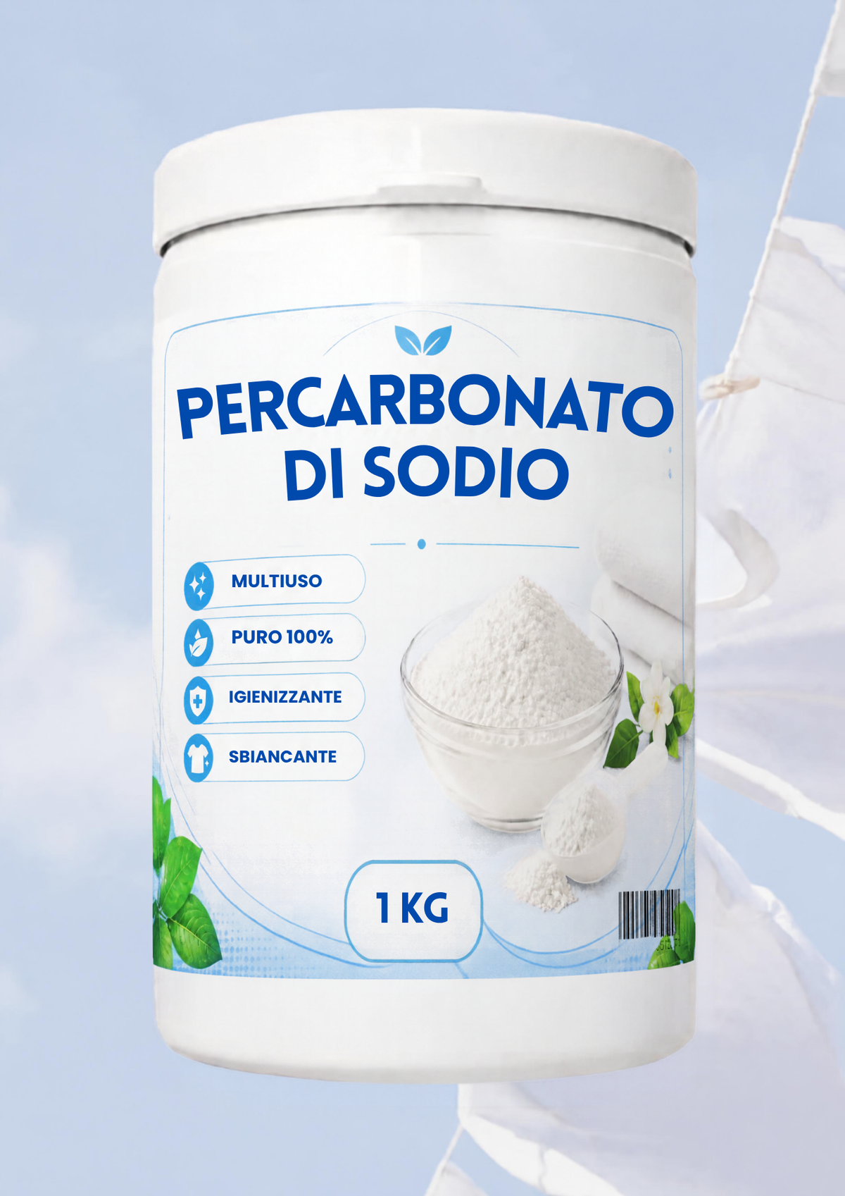 Percarbonato di Sodio 1 kg – Sbiancante e Smacchiante in Polvere ad Ossigeno Attivo per Bucato, Lavatrice e Pulizie Casa – Senza Cloro – Ideale per Bianchi, Asciugamani e Macchie Ostinate
