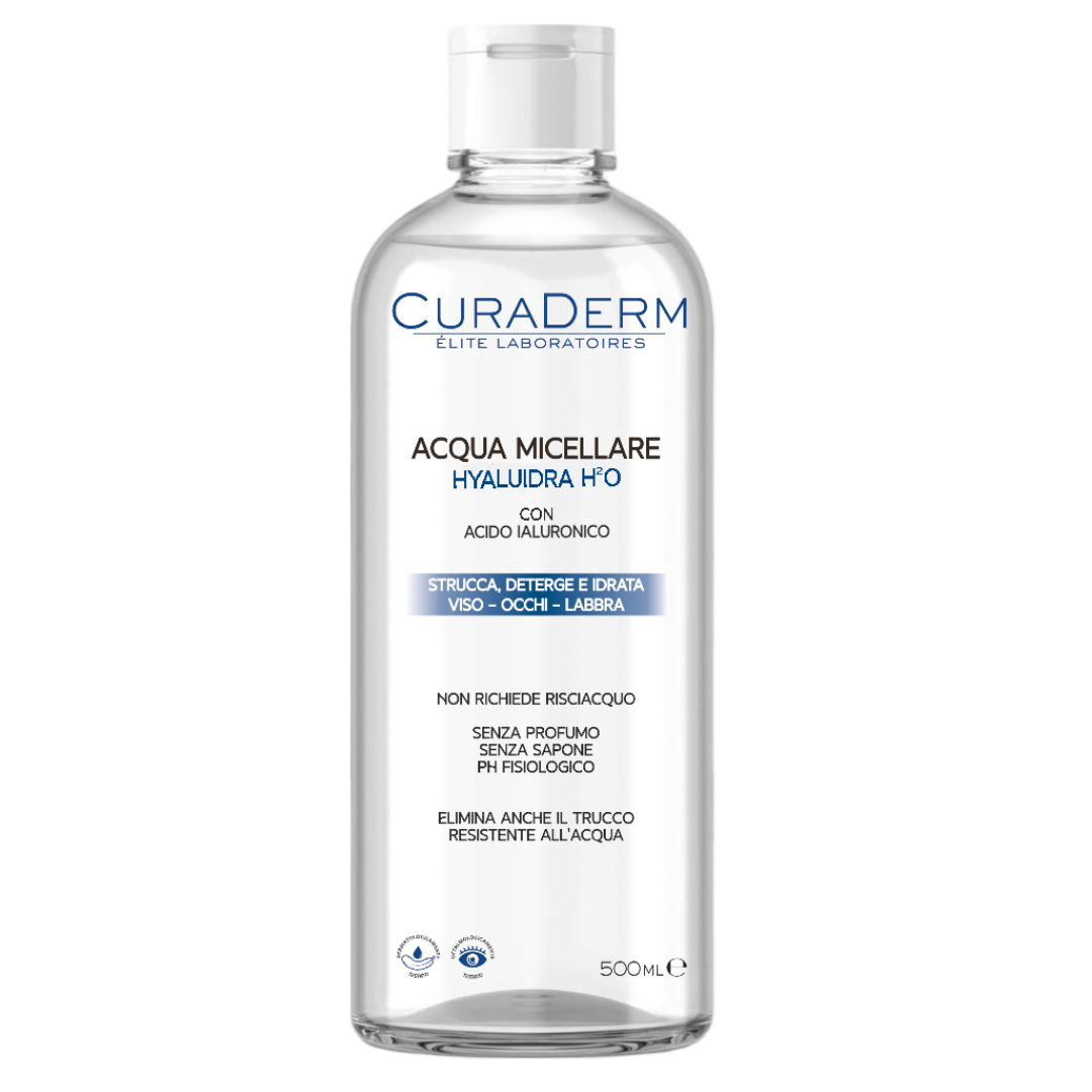 CURADERM Acqua Micellare HYALUIDRA con Acido Ialuronico – Struccante Micellare Senza Profumo e Senza Sapone – Deterge, Idrata e Rimuove Trucco Waterproof – Viso, Occhi, Labbra – PH Fisiologico – Formato 500 ml