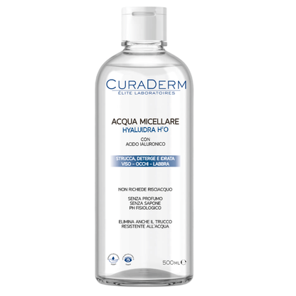 CURADERM Acqua Micellare HYALUIDRA con Acido Ialuronico – Struccante Micellare Senza Profumo e Senza Sapone – Deterge, Idrata e Rimuove Trucco Waterproof – Viso, Occhi, Labbra – PH Fisiologico – Formato 500 ml