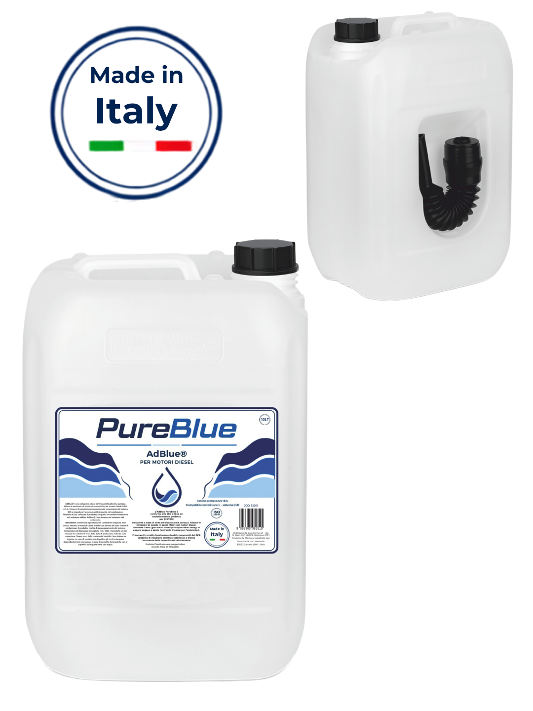 PureBlue AdBlue 10LT – Additivo Urea per Motori Diesel SCR, Conforme ISO 22241, Riduzione NOx Euro 6 – Made in Italy – Beccuccio Anti-Fuoruscita Incluso – Fluido Scarico Diesel (DEF/AUS 32)