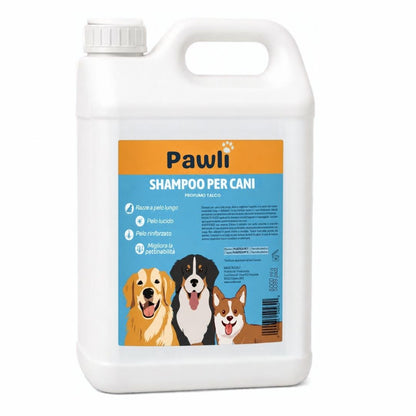 Pawli Shampoo per Cani a Pelo Lungo 5 Litri – Profumo Talco – Pelo Lucido e Facile da Pettinare – con Proteine del Grano – Formato Professionale per Toelettatura – Made in Italy