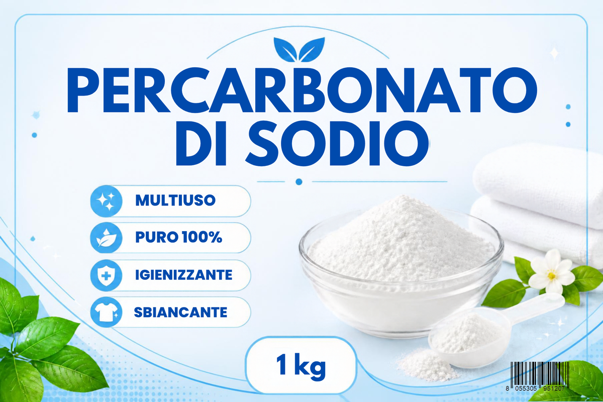 Percarbonato di Sodio 1 kg – Sbiancante e Smacchiante in Polvere ad Ossigeno Attivo per Bucato, Lavatrice e Pulizie Casa – Senza Cloro – Ideale per Bianchi, Asciugamani e Macchie Ostinate