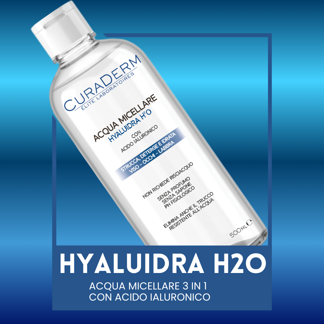 CURADERM Acqua Micellare HYALUIDRA con Acido Ialuronico – Struccante Micellare Senza Profumo e Senza Sapone – Deterge, Idrata e Rimuove Trucco Waterproof – Viso, Occhi, Labbra – PH Fisiologico – Formato 500 ml