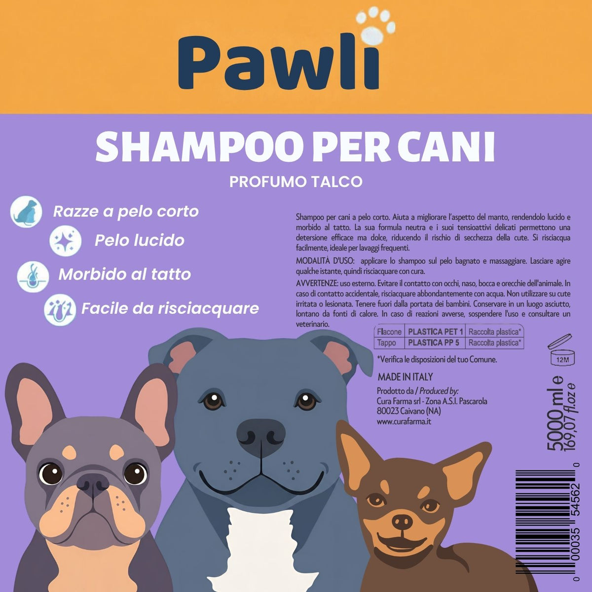 Pawli Shampoo per Cani a Pelo Corto 5 Litri – Profumo Talco – Pelo Lucido e Morbido al Tatto – Facile da Risciacquare – con Proteine del Grano – Formato Professionale – Made in Italy