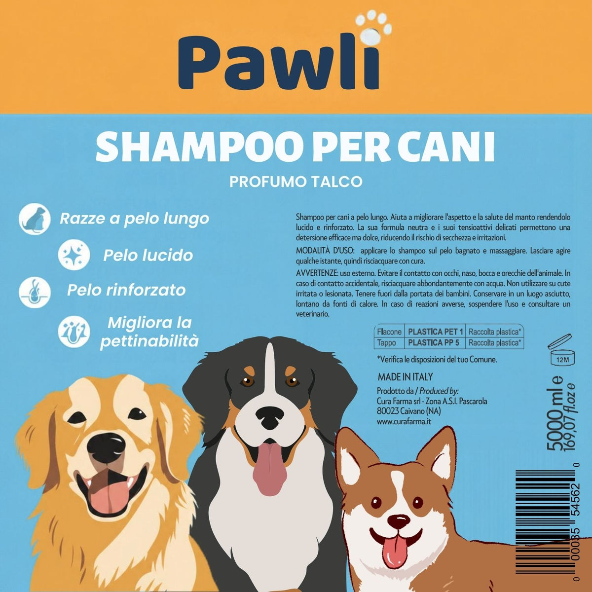 Pawli Shampoo per Cani a Pelo Lungo 5 Litri – Profumo Talco – Pelo Lucido e Facile da Pettinare – con Proteine del Grano – Formato Professionale per Toelettatura – Made in Italy