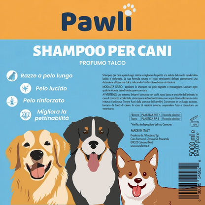 Pawli Shampoo per Cani a Pelo Lungo 5 Litri – Profumo Talco – Pelo Lucido e Facile da Pettinare – con Proteine del Grano – Formato Professionale per Toelettatura – Made in Italy