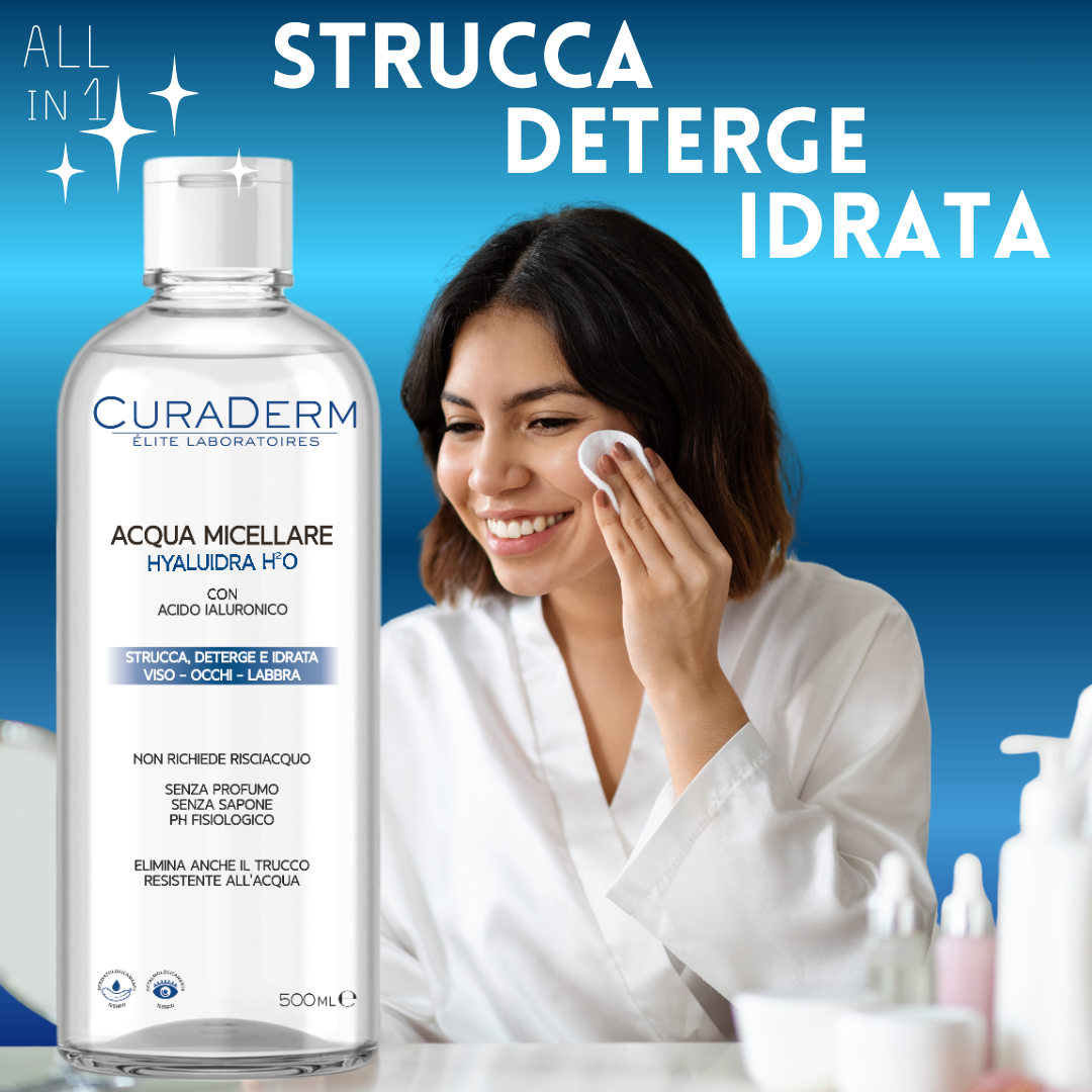 CURADERM Acqua Micellare HYALUIDRA con Acido Ialuronico – Struccante Micellare Senza Profumo e Senza Sapone – Deterge, Idrata e Rimuove Trucco Waterproof – Viso, Occhi, Labbra – PH Fisiologico – Formato 500 ml