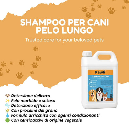 Pawli Shampoo per Cani a Pelo Lungo 5 Litri – Profumo Talco – Pelo Lucido e Facile da Pettinare – con Proteine del Grano – Formato Professionale per Toelettatura – Made in Italy