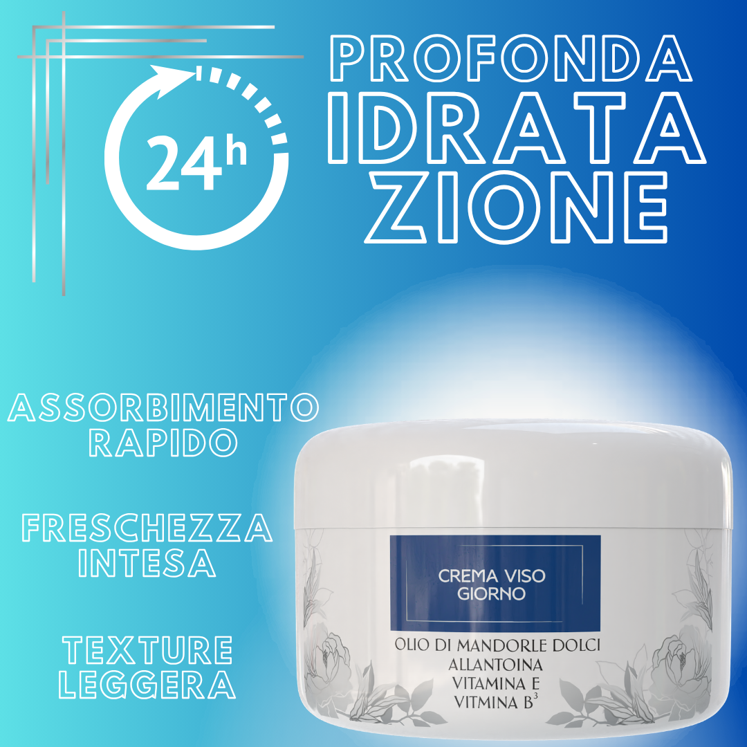 Crema Viso Idratante Giorno 500 ml con Acido Ialuronico, Vitamina E, Vitamina B3 e Olio di Mandorle Dolci – Crema Antirughe Effetto Lifting Naturale – Texture Leggera e Non Unge