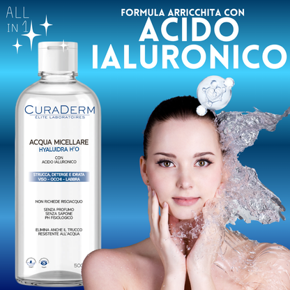 CURADERM Acqua Micellare HYALUIDRA con Acido Ialuronico – Struccante Micellare Senza Profumo e Senza Sapone – Deterge, Idrata e Rimuove Trucco Waterproof – Viso, Occhi, Labbra – PH Fisiologico – Formato 500 ml