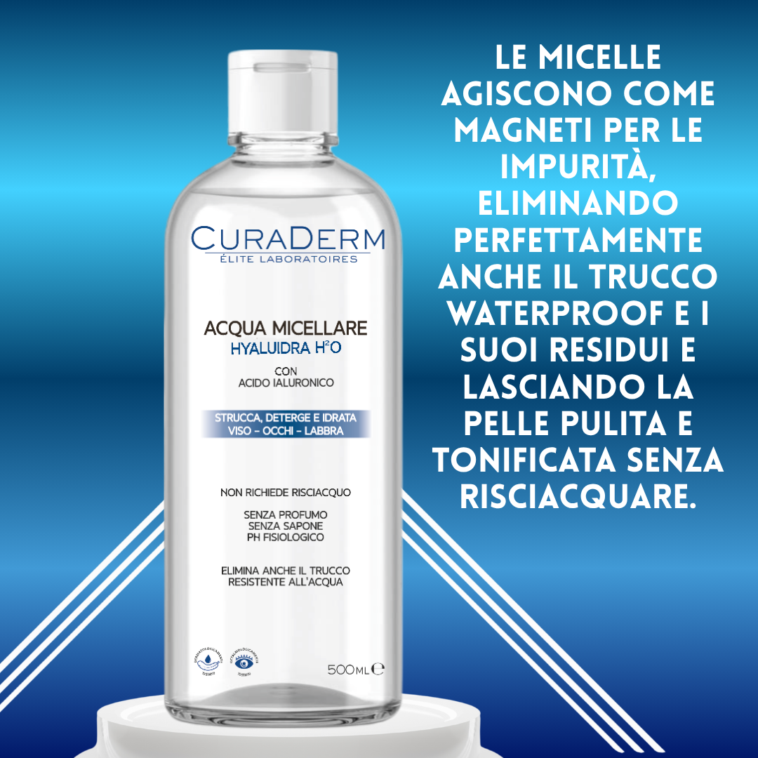 CURADERM Acqua Micellare HYALUIDRA con Acido Ialuronico – Struccante Micellare Senza Profumo e Senza Sapone – Deterge, Idrata e Rimuove Trucco Waterproof – Viso, Occhi, Labbra – PH Fisiologico – Formato 500 ml