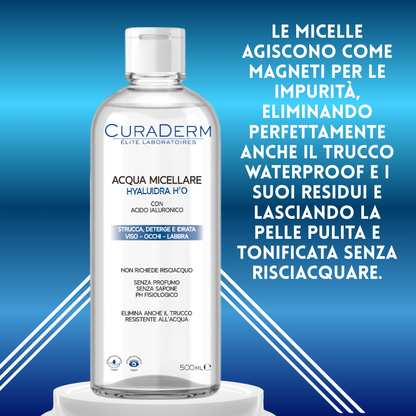 CURADERM Acqua Micellare HYALUIDRA con Acido Ialuronico – Struccante Micellare Senza Profumo e Senza Sapone – Deterge, Idrata e Rimuove Trucco Waterproof – Viso, Occhi, Labbra – PH Fisiologico – Formato 500 ml