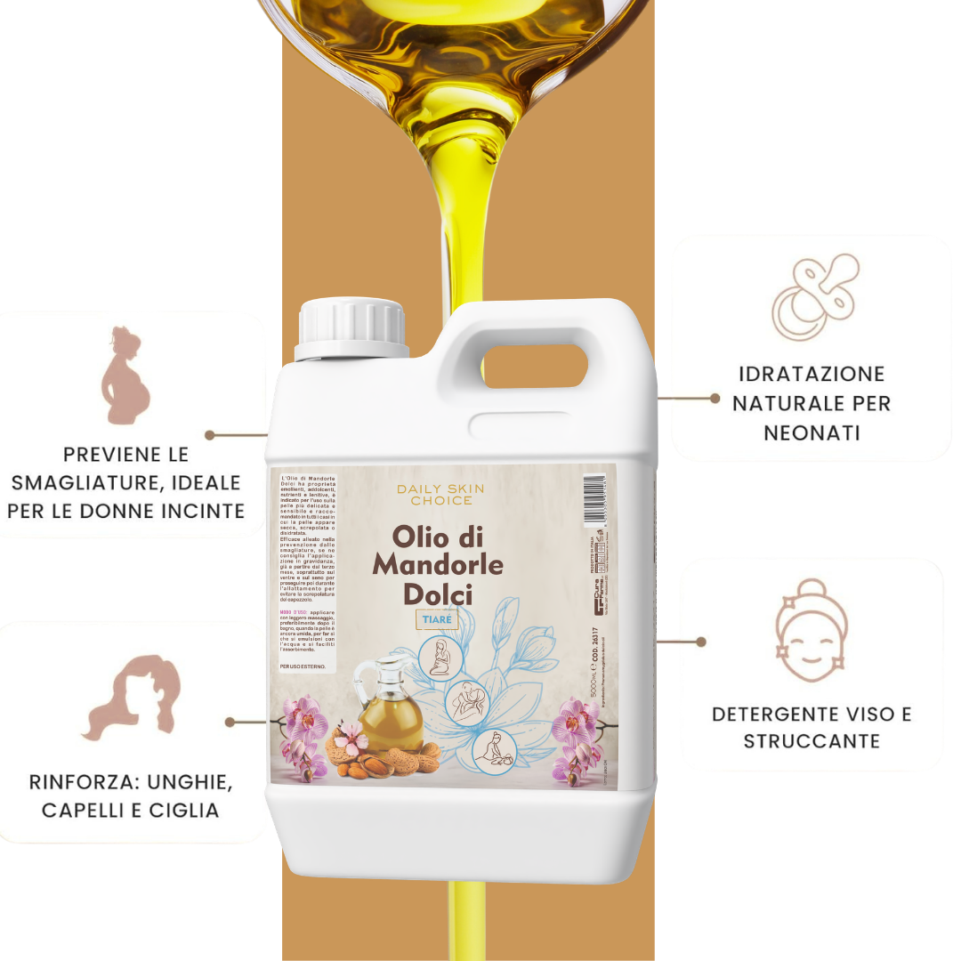 Olio di Mandorle Tiarè 5 Litri – Olio Naturale per Massaggi, Corpo e Capelli – Idratante ed Elasticizzante – Uso Professionale per Centri Estetici e SPA – Formato Convenienza 5L