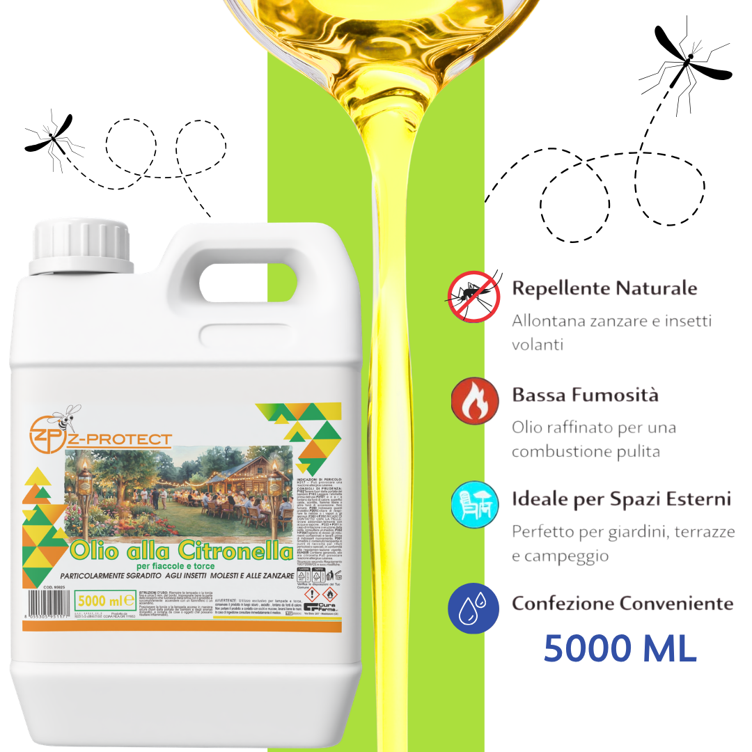 Olio alla Citronella 5 Litri – Repellente Naturale per Zanzare – Uso Esterno per Giardini, Terrazze e Campeggio – Profumazione Fresca e Duratura – Tanica