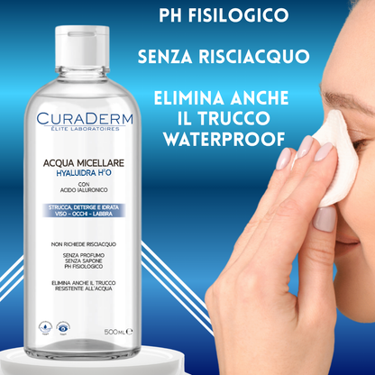 CURADERM Acqua Micellare HYALUIDRA con Acido Ialuronico – Struccante Micellare Senza Profumo e Senza Sapone – Deterge, Idrata e Rimuove Trucco Waterproof – Viso, Occhi, Labbra – PH Fisiologico – Formato 500 ml