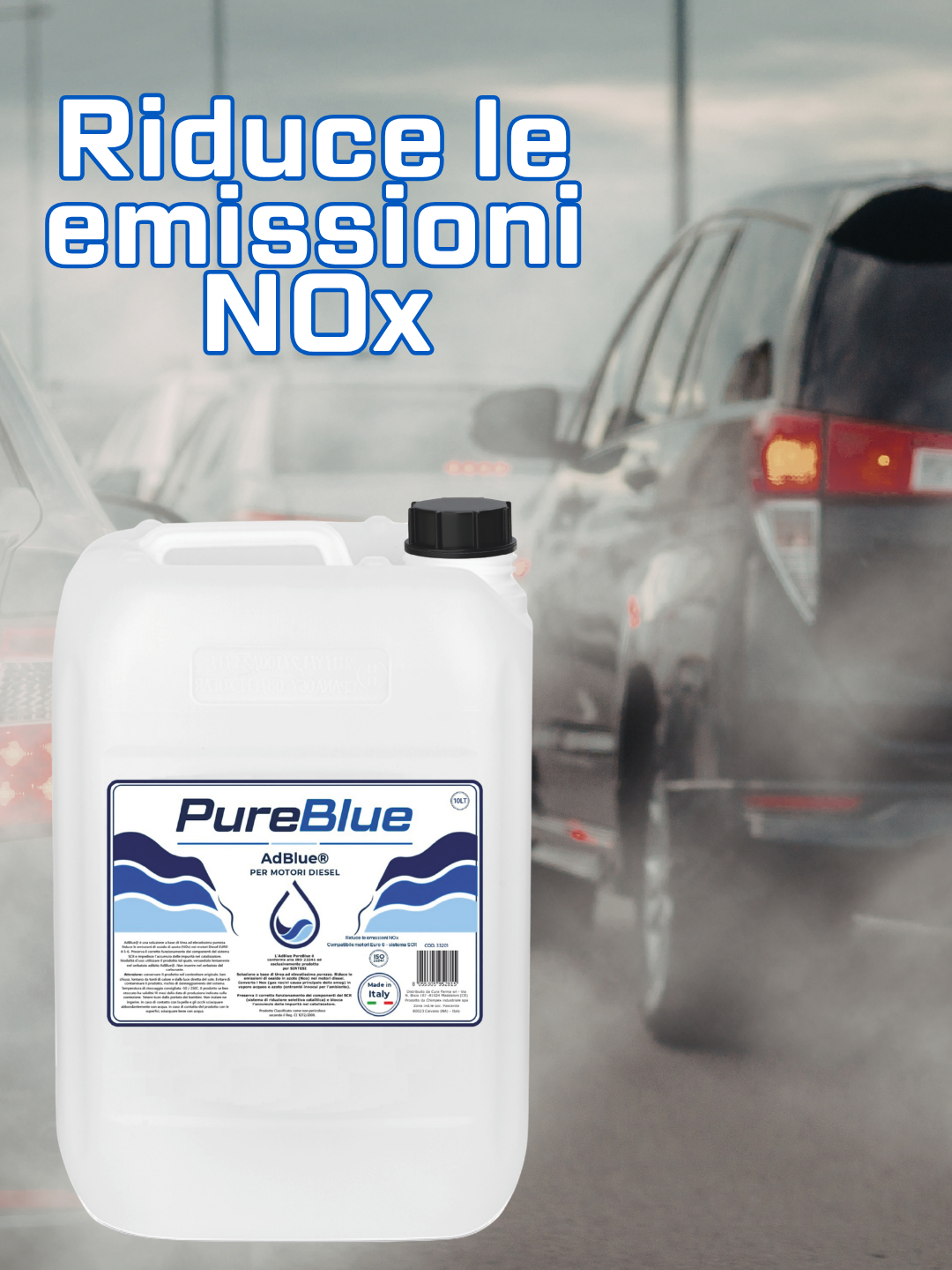 PureBlue AdBlue 10LT – Additivo Urea per Motori Diesel SCR, Conforme ISO 22241, Riduzione NOx Euro 6 – Made in Italy – Beccuccio Anti-Fuoruscita Incluso – Fluido Scarico Diesel (DEF/AUS 32)
