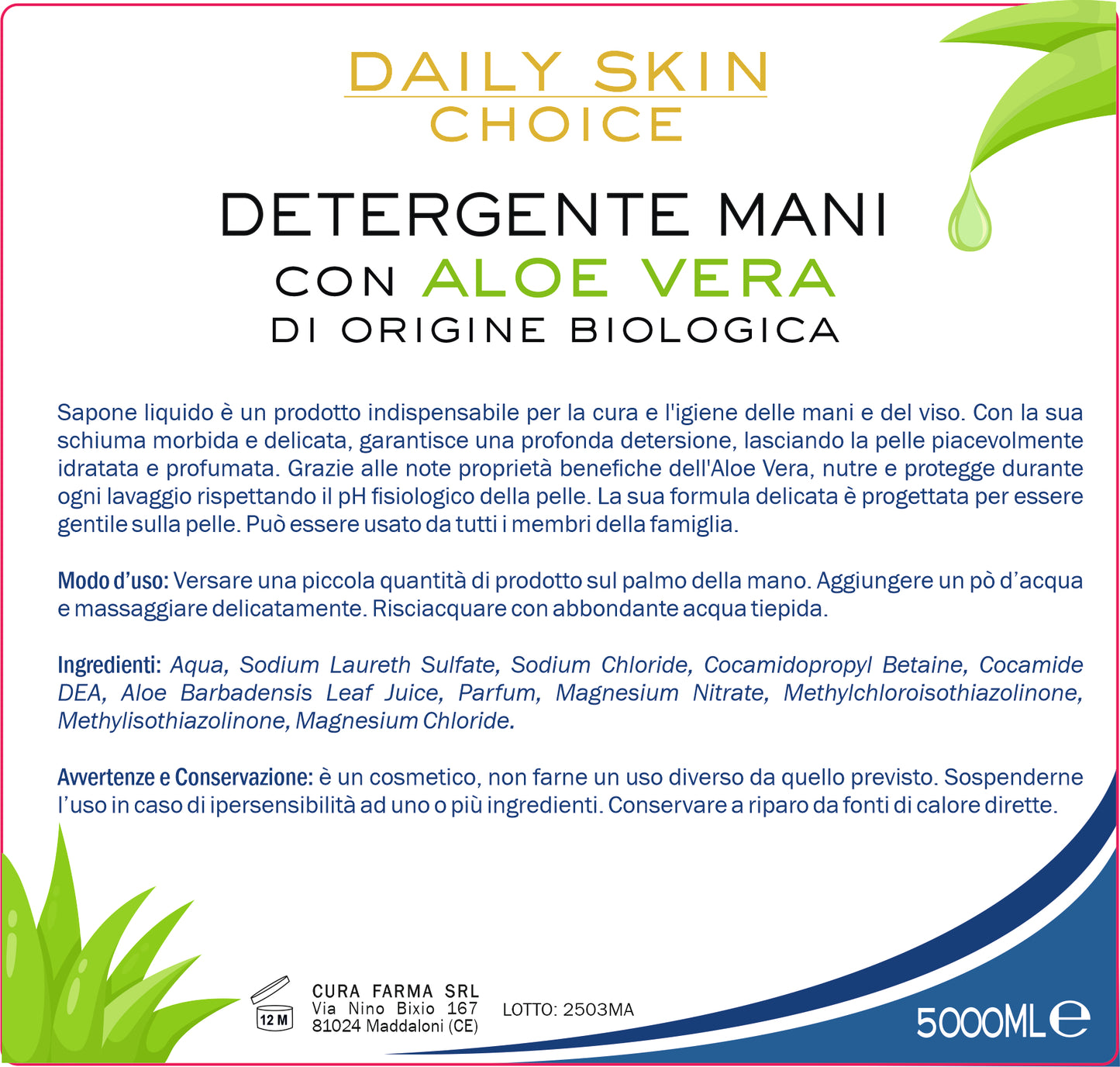 Sapone Liquido per le Mani 5L – Sapone per tutti i tipi di pelle - Formato Risparmio - 5000 ML – Con Aloe Vera – Eco Friendly
