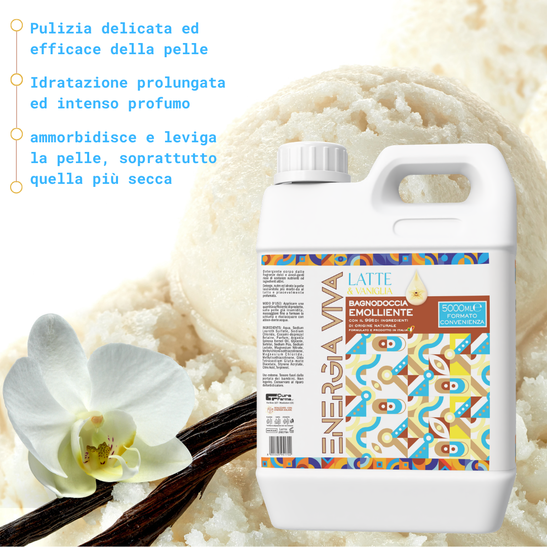 Bagnodoccia Latte e Vaniglia 5 Litri - Detergente Corpo Delicato, Formato Convenienza, Profumazione Avvolgente, Uso Quotidiano, Ideale per Famiglia, Ospedali, Hotel e Strutture Ricettive