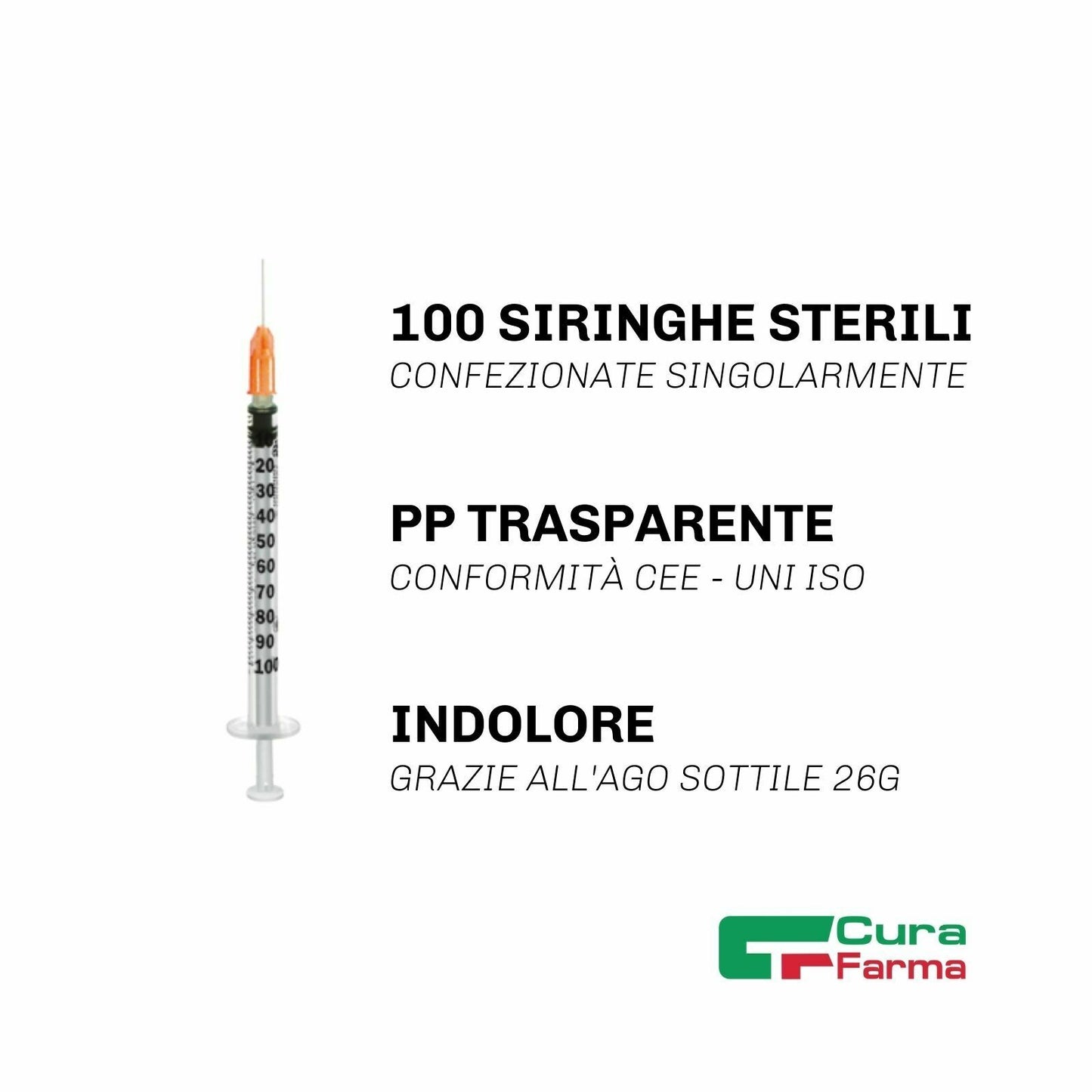 Siringa STERILE 1 ML Monouso 100 Siringhe AGO 25/26G LUER Insulina