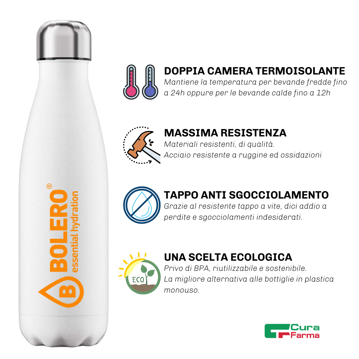 BOLERO Drinks Borraccia TERMICA Bianca Logo ORANGE 500ML Doppia Camera INOX