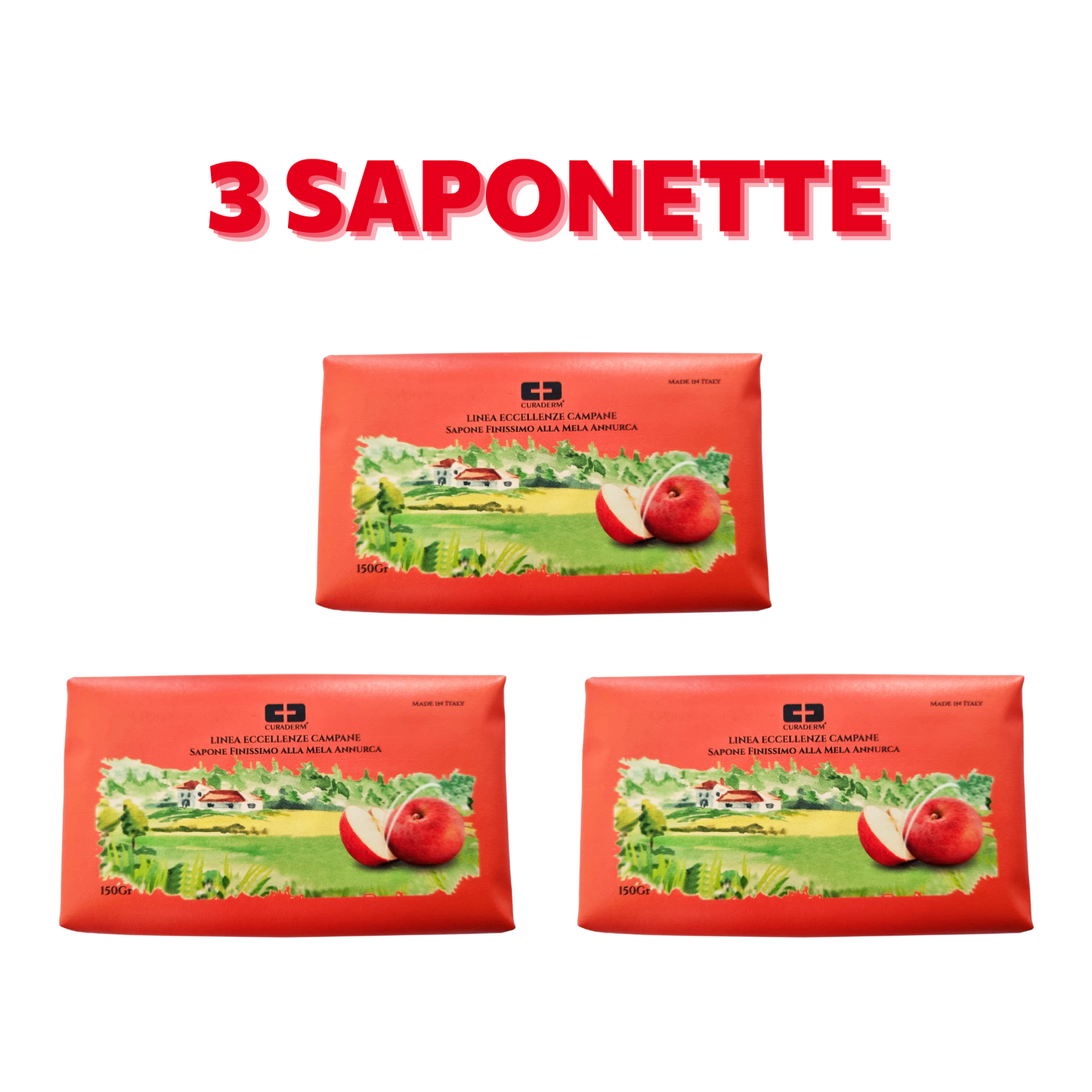 Sapone MELA ANNURCA Naturale 3 SAPONETTE OLIO 100% Vegetale 3x150g Made in Italy