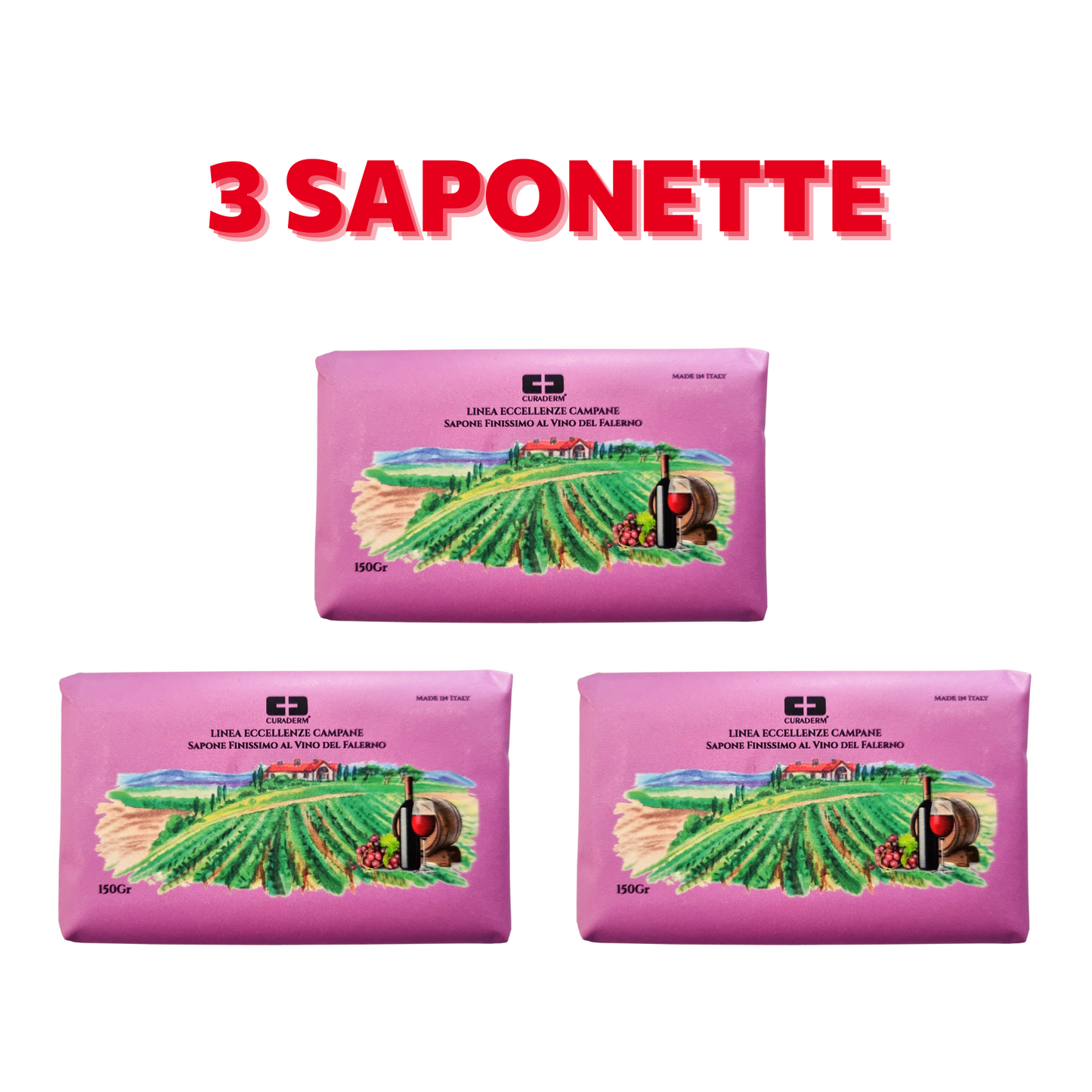 Sapone VINO FALERNO Naturale 3 SAPONETTE OLIO 100% Vegetale 3x150g Made in Italy
